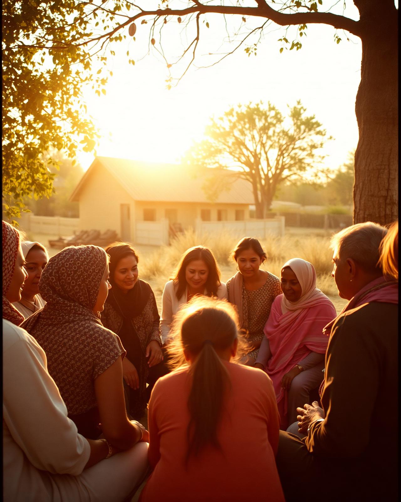 Community gathered in a circle for cultural learning and connection at golden hour